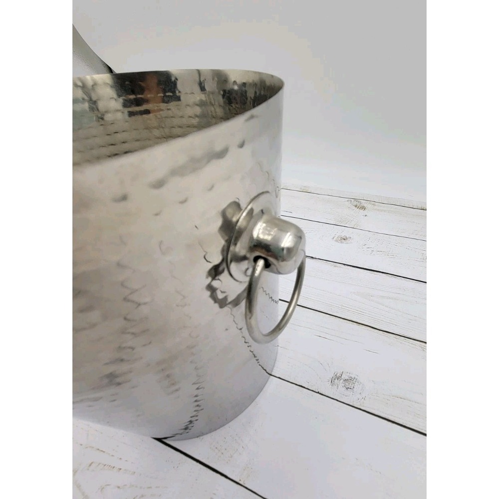 Viski Admiral Hammered Ice Bucket Silver Metal with Ring Handles - Picture 7 of 9
